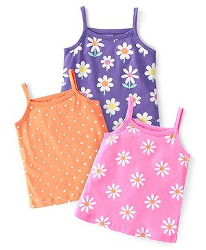 Babyhug Single Jersey 100% Cotton Knit Singlet Sleeves Antibacterial Slips With Polka Dots & Floral Print Pack of 3 - Orange Purple & Pink