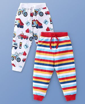 Babyhug Cotton Knit Full Length Striped Lounge Pants with Vehicle Print Pack of 2 - Multicolour