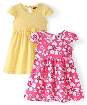 Babyhug Cotton Knit Cap Sleeves Frocks  with Floral Print & Bow Applique - Multicolour