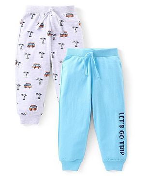 Babyhug Cotton Knit Full Length Lounge Pants with Vehicle Print Pack of 2 - Grey & Blue