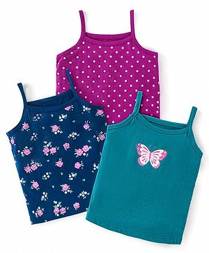 Babyhug 100% Cotton Knit Singlet Sleeves Antibacterial Slips with Polka Dots Butterfly  & Floral  Pack of 3 - Green Pink & Blue
