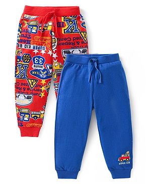 Babyhug Cotton  Knit Full Length  Lounge Pants  with Car Print Pack of 2 - Red & Blue