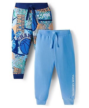 Babyhug Cotton Knit Full Length Lounge Pants Basketball Theme Print Pack of 2 - Blue