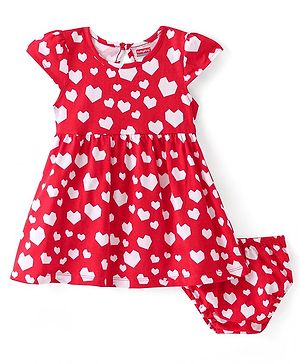 Babyhug Single Jersey Half Sleeves Frock with Bloomer Heart Print - Red