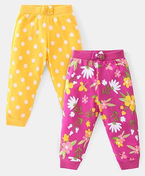 Babyhug Cotton Knit Full Length Lounge Pants with Polka Dot & Floral Print Pack of 2 - Yellow & Pink