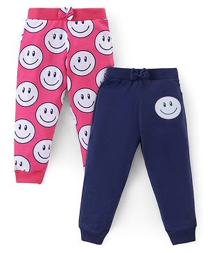 Babyhug Cotton Knit Full Length Lounge Pant with Smiley Print Pack of 2- Pink & Navy