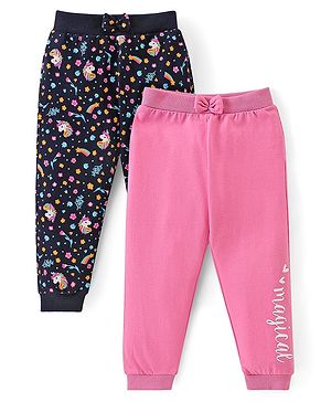 Babyhug Cotton Knit Lounge Pants Unicorn & Floral Print with Bow Applique  Pack of 2 - Multicolour