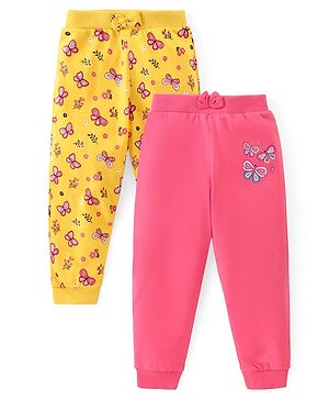 Babyhug Cotton Knit Full Length Lounge Pants  with Butterfly Print Pack of 2 - Multicolour
