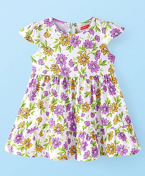 Babyhug Single Jersey Kit Cap Sleeves Frock With Floral Print - White