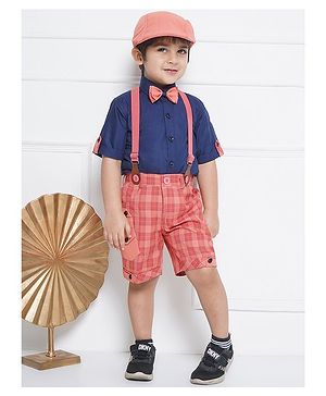 AJ Dezines Cotton Half Sleeves Solid  Shirt With Checked Shorts Bow Cap &  Suspender Set -  Pink