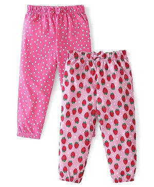 Babyhug Cotton Knit Full Length Lounge Pants Polka Dots & Strawberry Print Pack of 2 - Multicolour