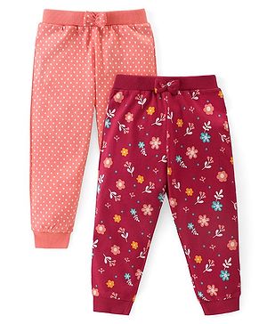 Babyhug Cotton Knit Full Length  Lounge Pants Polka Dots & Floral Printed with Bow Applique Pack of 2 - Multicolour