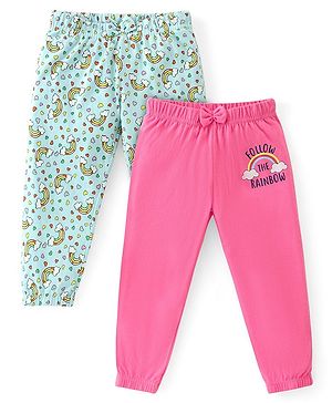 Babyhug Cotton Knit Full Length Lounge Pants with Rainbow & Heart Print Pack of 2 - Multicolour