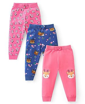 Babyhug Cotton Knit Full Length Lounge Pants Floral & Deer Print with Bow Detailing Pack of 3 - Multicolour