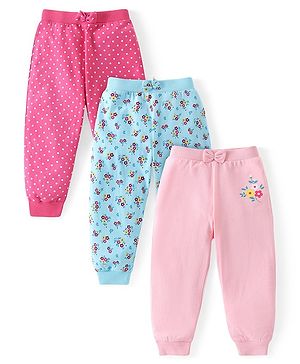 Babyhug Cotton Knit Full Length Lounge Pants Polka Dots & Floral Print with Bow Detailing Pack of 3 - Pink & Blue