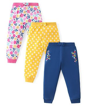 Babyhug Cotton Knit Full Length Lounge Pants Floral & Polka Dots Print with Bow Applique Pack of 3 - Multicolour
