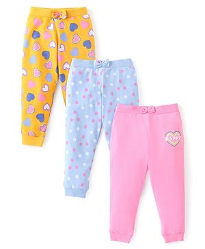 Babyhug Cotton Knit Full Length Lounge Pants Polka Dots & Hearts Printed with Bow Applique Pack of 3 - Multicolour