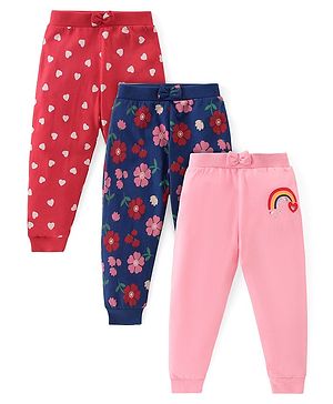Babyhug Cotton Knit Full Length Lounge  Pants Hearts & Floral Print with Bow Applique Pack of 3 - Multicolour