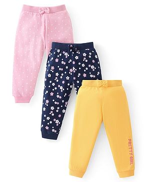 Babyhug Cotton Knit Full Length Lounge Pants Floral & Polka Dots Print with Bow Applique Pack of 3 - Multicolour