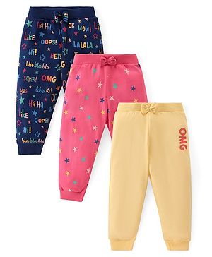 Babyhug Cotton Knit Full  Length Lounge Pants Star Print with Bow Applique Pack of 3 - Multicolour