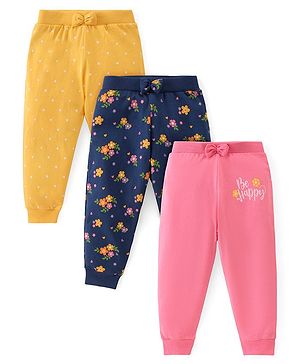 Babyhug Cotton Knit Full Length Lounge Pants Floral & Polka Dots Print with Bow Applique Pack of 3 - Multicolour