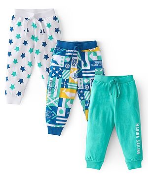 Babyhug Cotton Knit Full Length Lounge Pants with Star & Text Print Pack of 3 - Multicolour