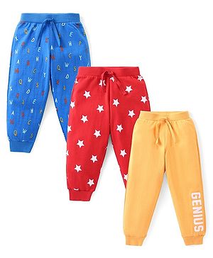 Babyhug Cotton Knit Full Length Lounge Pants with Text & Star Print Pack of 3 - Multicolour