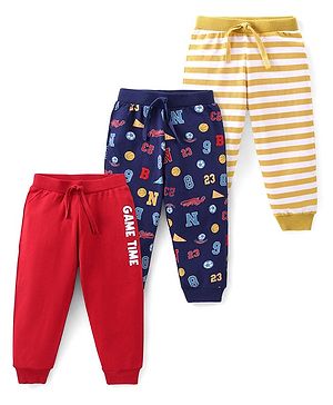 Babyhug Cotton Knit Full Length Striped Lounge Pants with Numeric & Text Print Pack of 3 - Multicolour