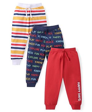 Babyhug 100% Cotton Knit Full Length Lounge Pants with Stripes & Text Print Pack of 3 - Multicolour