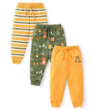 Babyhug Cotton Knit Full Length Striped Lounge Pants Wild Animal Print Pack of 3 - Multicolour