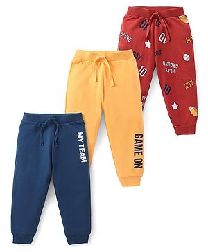Babyhug Cotton Knit Full Length Lounge Pant with Text Print Pack of 3 - Yellow Blue & Red