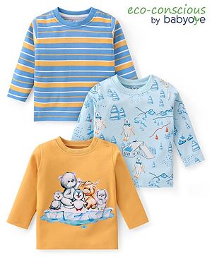 Babyoye 100% Cotton With Eco Jiva Finish Full Sleeves T-Shirts Winter Theme Pack of 3 - Blue & Yellow