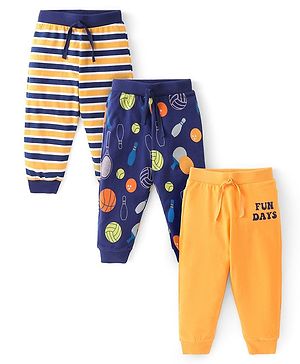 Babyhug Cotton Knit Full Length Lounge Pants with Stripes & Balls Print Pack of 3 - Yellow & Blue