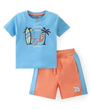 Babyhug Cotton Knit Half Sleeves T-Shirt & Shorts Set With Surfing Print - Blue & Orange