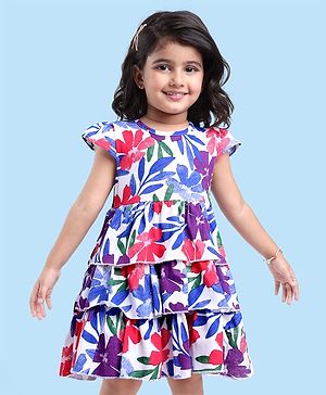 Babyhug Single Jersey Knit Cap Sleeves Floral Printed Layered Frock - White