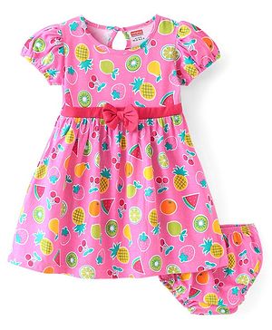 Babyhug Single Jersey Knit Half Sleeves Frock with Bloomer Fruits Print & Bow Applique - Pink