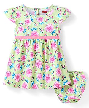 Babyhug Cotton Knit Half Sleeves Bow Detailing Floral Printed Frock with Bloomer - Lime Green