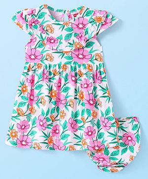 Babyhug Single Jersey Knit Cap Sleeves Frock with Bloomer & Frill  Detailing Floral Print - White