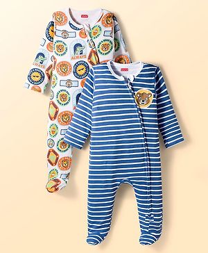 Babyhug Cotton Knit Full Sleeves Striped Sleepsuit With Animal Print Pack Of 2 - Multicolor