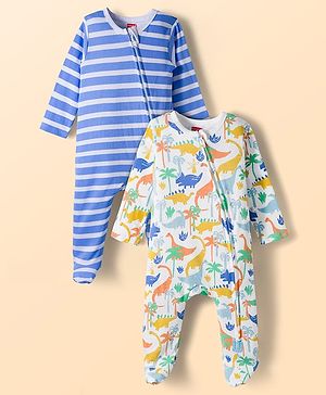 Babyhug Cotton Full Sleeves Sleepsuit With Dinosaur Print And Stripes Pack of 2 - Multicolor
