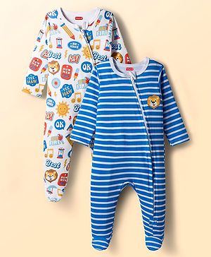 Babyhug Cotton Knit Full Sleeves Striped Sleepsuit With Animal Print Pack Of 2 - Multicolor