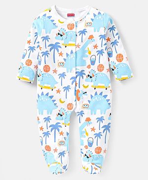 Babyhug Cotton Knit Full Sleeves Sleepsuit With Dinosaur Print  - White