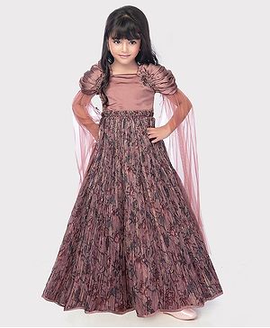 Betty By Tiny Kingdom Ruffle Sleeves Floral Applique Pleated Gown - Peach