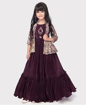 Betty By Tiny Kingdom Floral Applique & Shimmer Detailed Pleated Dress With Three Fourth Sleeves Floral Printed Jacket - Wine