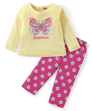 Babyhug Cotton Knit Full Sleeves Butterfly & Floral Print Night Suit - Yellow & Pink