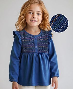 Babyhug Cotton Knit Full Sleeves Top with Smocking Detailing - Navy Blue