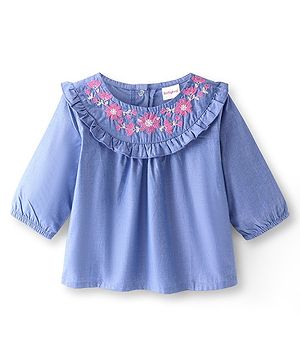 Babyhug Rayon Knit Three Fourth Sleeve Top with Floral Embroidery- Blue