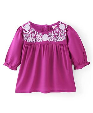 Babyhug Rayon Three Fourth Sleeves A Line Top with Floral Embroidery - Dark Pink