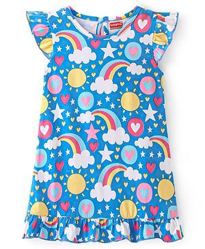Babyhug Cotton Flutter Sleeves Nighty With Sky Print - Blue