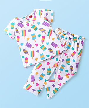 Babyhug Cotton Knit Half Sleeves Night Suit With Popsicle Print - White